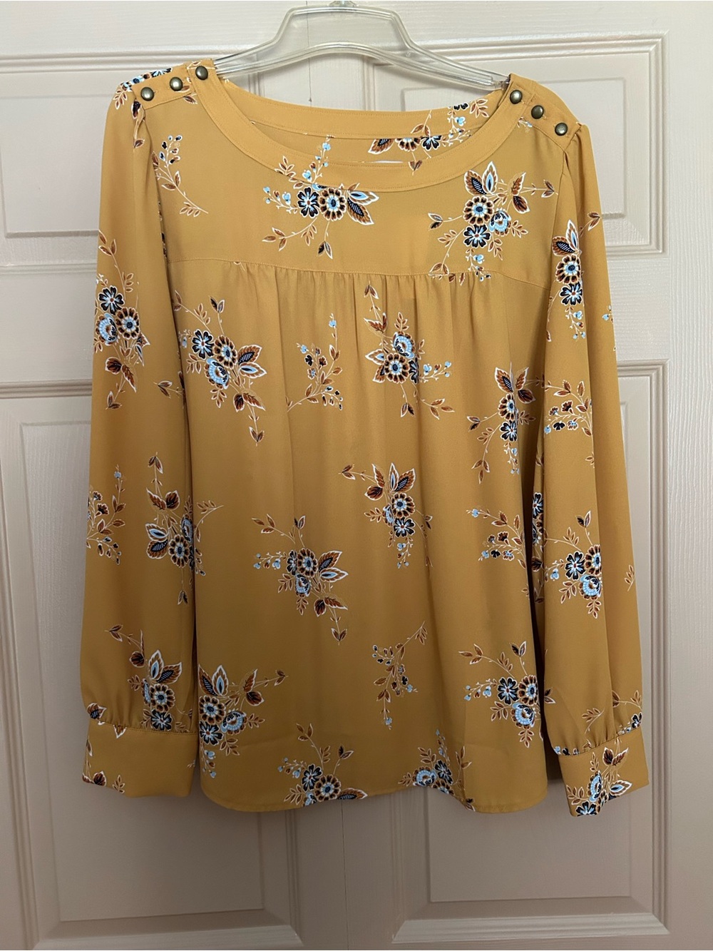 LOFT Mustard Floral Button-Shoulder Long-Sleeve Blouse
